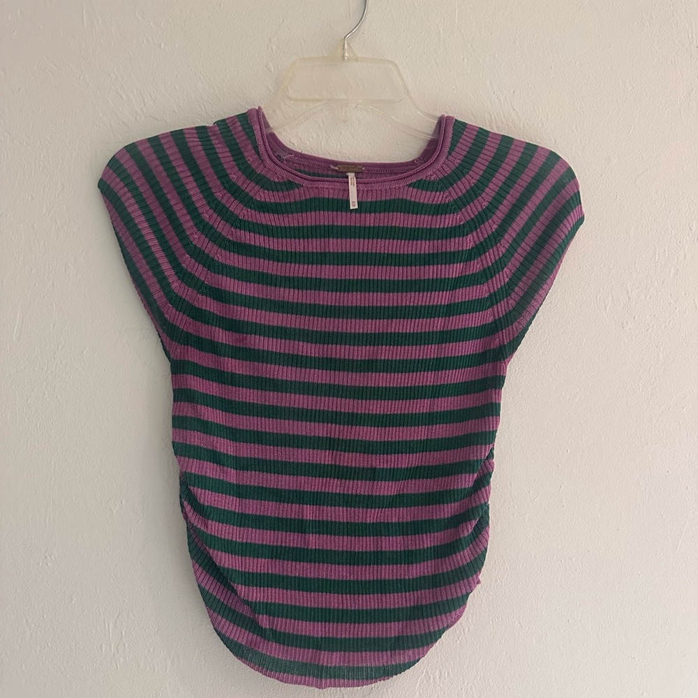 Free People Purple and Green Striped Short Sleeve Tee